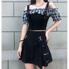 Off-shoulder Gingham Panel Crop Top / High Waist Mini A-line Skirt