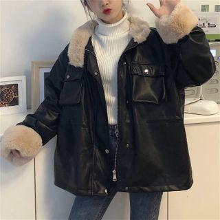 Fleece Panel Faux Leather Jacket Black - One Size