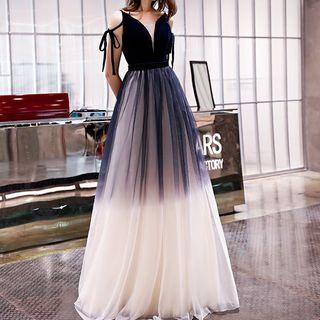 Spaghetti-strap Mesh Panel V-neck Evening Gown