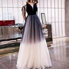 Spaghetti-strap Mesh Panel V-neck Evening Gown