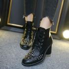 Block Heel Studded Lace-up Short Boots