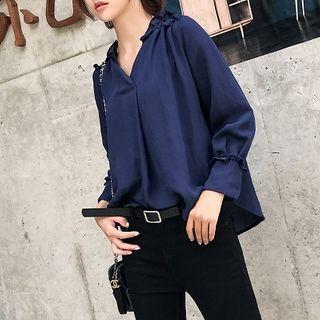 Long-sleeve Frill Trim V-neck Blouse