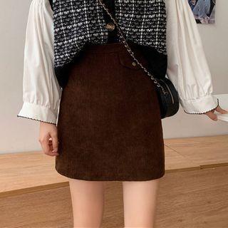 High-waist Corduroy Plain A-line Skirt
