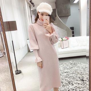 Puff-sleeve Turtleneck Shift Knit Dress