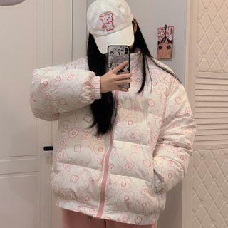 Floral Print Padded Zip Jacket Print - White & Pink - One Size