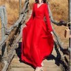 Long-sleeve V-neck Plain Maxi A-line Dress