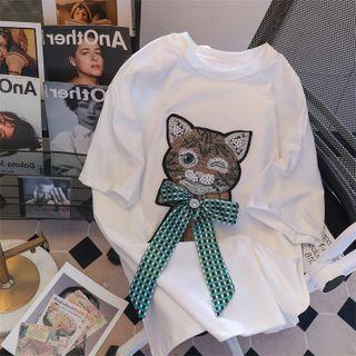 Short-sleeve Faux Pearl Cat T-shirt
