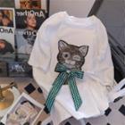 Short-sleeve Faux Pearl Cat T-shirt