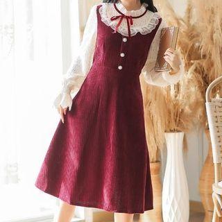 Mock Two-piece Puff-sleeve Lace Ruffled Dress