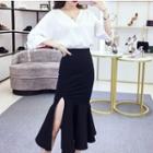 Set: Elbow-sleeve V-neck Blouse + Flared Midi Pencil Skirt