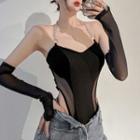 Halter-neck Ribbed Fish-net Paneled Top