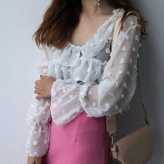 Bell-sleeve Dotted Blouse / Midi A-line Skirt