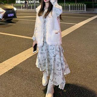 Long-sleeve Floral Print Midi A-line Dress / Faux Shearling Vest