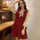 Tie Neck Long-sleeve A-line Dress Short - Red - One Size