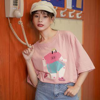 Elbow-sleeve Cartoon T-shirt Pink - One Size