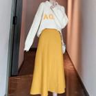 Set: Lettering Polo Sweater + Midi A-line Knit Skirt Top - White - One Size / Skirt - Yellow - One Size