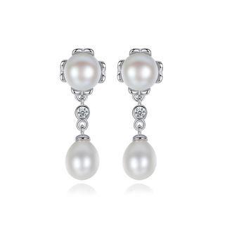 Sterling Silver Elegant Fashion Geometric White Freshwater Pearl Earrings With Cubic Zirconia Silver - One Size