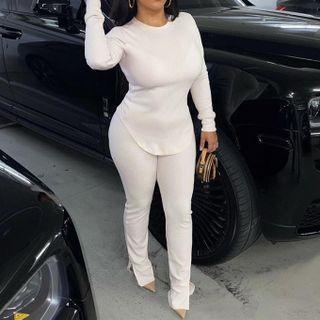 Set: Plain Long Sleeve T-shirt + Plain High-waist Pants