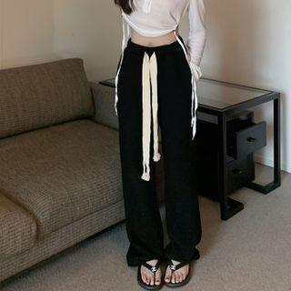 High-waist Wide-leg Pants / Long-sleeve Henley Cropped T-shirt