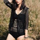 Set: Lace Panel Swimsuit + Long-sleeve Cover-up