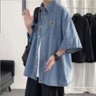 Elbow-sleeve Applique Denim Shirt