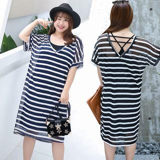 Set: Short-sleeve Striped Midi Dress + Spaghetti Strap Dress