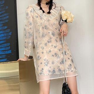 Long-sleeve Collared Floral Print Mesh Mini Dress