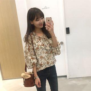Ruffle-collar Balloon-sleeve Floral Chiffon Top Beige - One Size