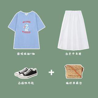 Short-sleeve Dog Print T-shirt / Midi A-line Skirt