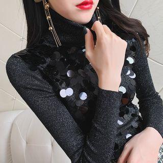 Sequined Turtleneck Long-sleeve Knit Top