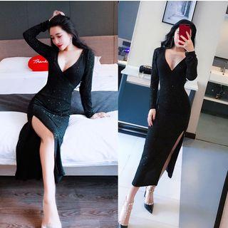 Glittered Deep Plunge Long-sleeve Maxi Sheath Dress