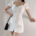 Puff-sleeve Button-up Embroidered Mini Dress