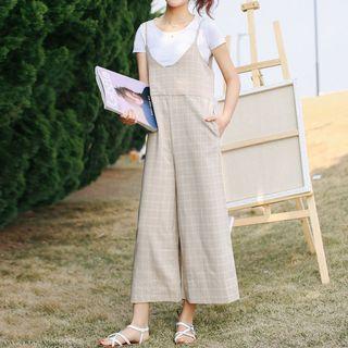 Check Spaghetti-strap Wide-leg Jumper Pants
