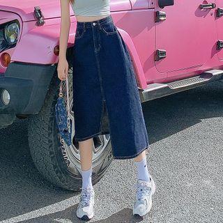 Slit Asymmetrical Denim Midi A-line Skirt