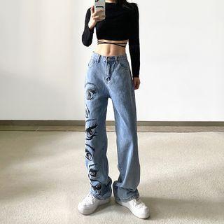 High Waist Eye Print Loose Fit Jeans
