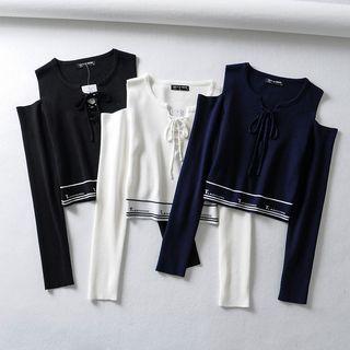 Cold Shoulder Lace-up Lettering Knit Top