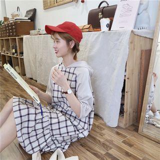3/4-sleeve Plaid Midi Hoodie Dress