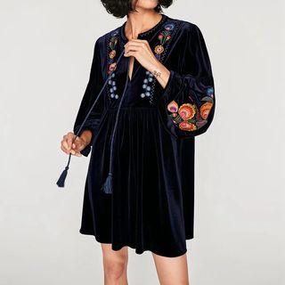 3/4-sleeve Embroidery Tasseled Dress