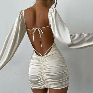 Long-sleeve Open Back Ruched Mini Sheath Dress