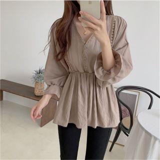 V-neck Elbow-sleeve Blouse Light Brown - One Size