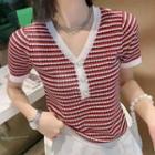 V-neck Striped Pearl Button Front Knit Top