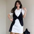Mock Two-piece Short-sleeve Twist-front Mini T-shirt Dress White - One Size