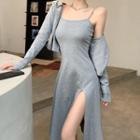 Spaghetti Strap Plain Midi Dress / Open Jacket