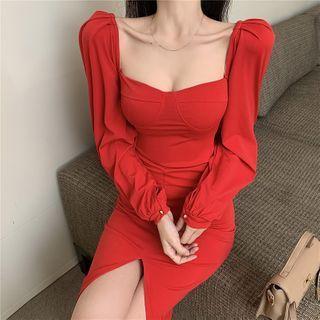 Puff-sleeve Square-neck Midi Bodycon Dress