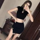 Cheongsam Collar Top + Split-forked Skirt Short Skirt Two-piece Suit