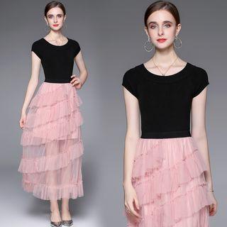 Short-sleeve Tiered Mesh Maxi Dress