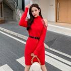 Long-sleeve Cold Shoulder Embellished Knit Sheath Dress