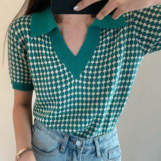 Short-sleeve Plaid Knit Top Green - One Size