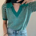 Short-sleeve Plaid Knit Top Green - One Size