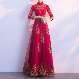 Mandarin Collar 3/4-sleeve A-line Evening Gown